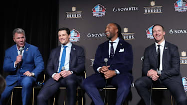 NFL, American Football Herren, USA Super Bowl LX-Hall of Fame Class of 2026 press conference, PK, Pressekonferenz Feb 5, 2026; San Franciso, CA, USA; From left: Adam Vinatieri, Luke Kuechly, Larry Fitzgerald and Drew Brees during a press conference introducing the NFL Hall of Fame Class of 2026 at Palace of Fine Arts. San Francisco Palace of Fine Arts California United States, EDITORIAL USE ONLY PUBLICATIONxINxGERxSUIxAUTxONLY Copyright: xKirbyxLeex 20260206_kdl_al2_120