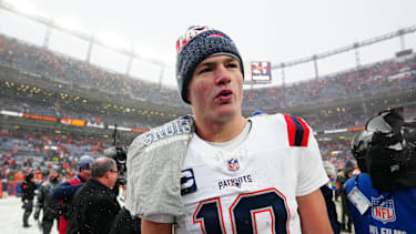 New England Patriots quarterback Drake Maye (10) reacts after defeating the Denver Broncos in the 2026 AFC Championship Game at Empower Field