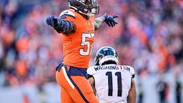 DENVER, CO - DECEMBER 21: Denver Broncos linebacker Dre Greenlaw (57) celebrates a pass defended against Jacksonville Jaguars wide receiver Parker Washington (11) during a game at Empower Field at Mile High on December 21, 2025 in Denver, Colorado. (Photo by Dustin Bradford Icon Sportswire) NFL, American Football Herren, USA DEC 21 Jaguars at Broncos EDITORIAL USE ONLY Icon132251221196
