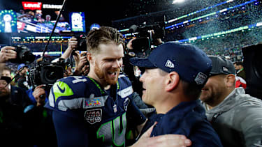 Seattle Seahawks quarterback Sam Darnold and Seattle Seahawks head coach Mike MacDonald celebrate after the Seattle Seahawks defeated the New England Patriots to win Super Bowl LX at Levi s Stadium in Santa Clara, California on Sunday, February 8, 2026. PUBLICATIONxNOTxINxUSA SBP202602082007 JOHNxANGELILLO