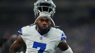 Trevon Diggs #7 of the Dallas Cowboys warms up prior to a game against