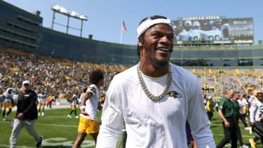 August 24, 2024: Baltimore Ravens quarterback Lamar Jackson (8) after the NFL, American Football Herren, USA preseason football game between the Baltimore Ravens and the Green Bay Packers at Lambeau Field in Green Bay, Wisconsin. CSM Green Bay United States of America - ZUMAc04_ 20240824_zma_c04_143 Copyright: xDarrenxLeex