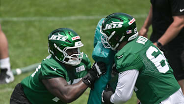 Guard Leander Wiegand 2025 im Training der New York Jets.
