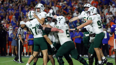 South Florida Bulls place kicker Nico Gramatica (7) celebrates after he kicks the game winning field