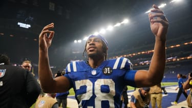 Oct 26, 2025; Indianapolis, Indiana, USA; Indianapolis Colts running back Jonathan Taylor (28) celebrates after the game against the Tennessee Titans at Lucas Oil Stadium. Mandatory Credit: Robert Goddin-Imagn Images