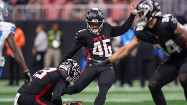 Aug 8, 2025; Atlanta, Georgia, USA; Atlanta Falcons place kicker Lenny Krieg (46) kicks a field goal against the Detroit Lions in the first quarter at Mercedes-Benz Stadium. Mandatory Credit: Brett Davis-Imagn Images
