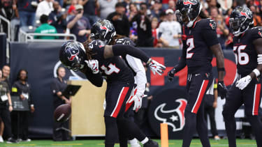 Nov 9, 2025; Houston, Texas, USA; Houston Texans cornerback Derek Stingley Jr. (24) celebrates his interception against the Jacksonville Jaguars during the first half at NRG Stadium. Mandatory Credit: Troy Taormina-Imagn Images