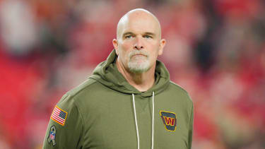 Oct 27, 2025; Kansas City, Missouri, USA; Washington Commanders head coach Dan Quinn looks on during warmups prior to the game against the Kansas City Chiefs at GEHA Field at Arrowhead Stadium. Mandatory Credit: Jay Biggerstaff-Imagn Images