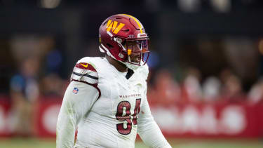 Sep 29, 2024; Glendale, Arizona, USA; Washington Commanders defensive tackle Daron Payne (94) against the Arizona Cardinals at State Farm Stadium. Mandatory Credit: Mark J. Rebilas-Imagn Images