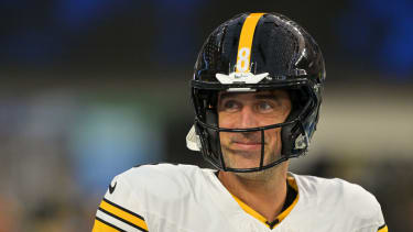 Nov 9, 2025; Inglewood, California, USA; Pittsburgh Steelers quarterback Aaron Rodgers (8) looks on during warmups before the game against the Los Angeles Chargers at SoFi Stadium. Mandatory Credit: Jayne Kamin-Oncea-Imagn Images