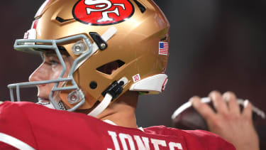 Oct 19, 2025; Santa Clara, California, USA; San Francisco 49ers quarterback Mac Jones (10) warms up during the fourth quarter against the Atlanta Falcons at Levi's Stadium. Mandatory Credit: Darren Yamashita-Imagn Images