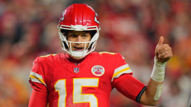 Oct 27, 2025; Kansas City, Missouri, USA; Kansas City Chiefs quarterback Patrick Mahomes (15) reacts during the third quarter of the game against the Washington Commanders at GEHA Field at Arrowhead Stadium. Mandatory Credit: Jay Biggerstaff-Imagn Images