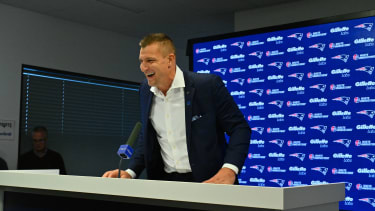 Nov 12, 2025; Foxborough, MA, USA; New England Patriots former player and current Fox Sports football analyst Rob Gronkowski speaks during a press conference where he signed a ceremonial one day contract at Gillette Stadium. Mandatory Credit: Eric Canha-Imagn Images