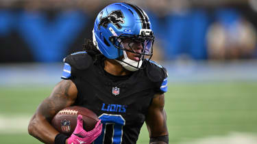 Oct 20, 2025; Detroit, Michigan, USA; Detroit Lions running back Jahmyr Gibbs (0) rushes the ball against the Tampa Bay Buccaneers during the first half at Ford Field. Mandatory Credit: Lon Horwedel-Imagn Images