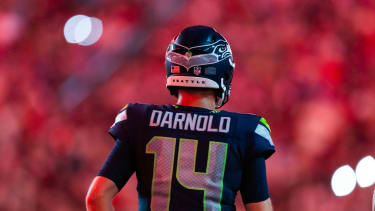 Detailed view of the jersey of Seattle Seahawks quarterback Sam Darnold (14)