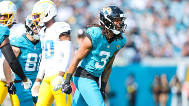 Nov 16, 2025; Jacksonville, Florida, USA; Jacksonville Jaguars wide receiver Jakobi Meyers (3) reacts following a reception for a first down during the first quarter at EverBank Stadium. Mandatory Credit: Morgan Tencza-Imagn Images