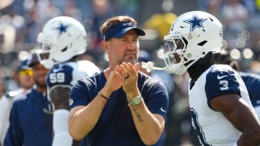 Oct 5, 2025; East Rutherford, New Jersey, USA; Dallas Cowboys head coach Brian Schottenheimer on the field during warm ups prior to a game against the New York Jets at MetLife Stadium. Mandatory Credit: Robert Deutsch-Imagn Images