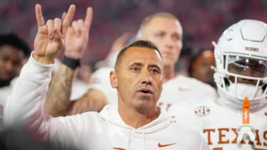 Nov 15, 2025; Athens, Georgia, USA; Texas Longhorns head coach Steve Sarkisian gestures after a game against the Georgia Bulldogs at Sanford Stadium. Mandatory Credit: Dale Zanine-Imagn Images