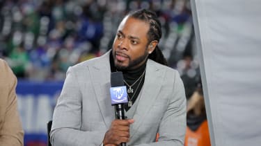 Oct 9, 2025; East Rutherford, New Jersey, USA; Richard Sherman is seen on the Thursday Night Football set before the game between the New York Giants and the Philadelphia Eagles at MetLife Stadium. Mandatory Credit: Brad Penner-Imagn Images
