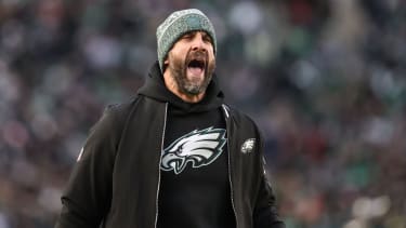 Nov 28, 2025; Philadelphia, Pennsylvania, USA; Philadelphia Eagles head coach Nick Sirianni reacts during the second quarter of the game against the Chicago Bears at Lincoln Financial Field. Mandatory Credit: Bill Streicher-Imagn Images