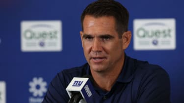 Jul 23, 2025; East Rutherford, NJ, USA; New York Giants general manager Joe Schoen talks with media during training camp at Quest Diagnostics Training Center. Mandatory Credit: Vincent Carchietta-Imagn Images