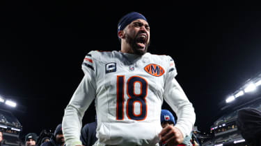 Nov 28, 2025; Philadelphia, Pennsylvania, USA; Chicago Bears quarterback Caleb Williams (18) reacts to a win against the Philadelphia Eagles at Lincoln Financial Field. Mandatory Credit: Bill Streicher-Imagn Images