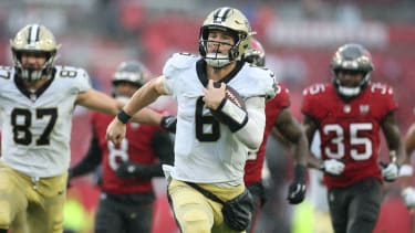 Dec 7, 2025; Tampa, Florida, USA; New Orleans Saints quarterback Tyler Shough (6) runs for a gain during the third quarter against the Tampa Bay Buccaneers at Raymond James Stadium. Mandatory Credit: Nathan Ray Seebeck-Imagn Images