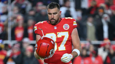 Dec 7, 2025; Kansas City, Missouri, USA; Kansas City Chiefs tight end Travis Kelce (87) warms up prior to the game against the Houston Texans at GEHA Field at Arrowhead Stadium. Mandatory Credit: Amy Kontras-Imagn Images