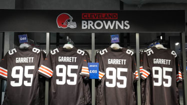 Oct 4, 2025; London, United Kingdom; The Nike jerseys of Cleveland Browns defensive end Myles Garrett (95) at the NFL Shop at Tottenham Hotspur Stadium.  Mandatory Credit: Kirby Lee-Imagn Images