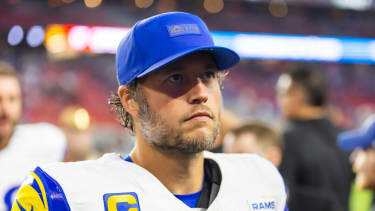 Dec 7, 2025; Glendale, Arizona, USA; Los Angeles Rams quarterback Matthew Stafford (9) against the Arizona Cardinals at State Farm Stadium. Mandatory Credit: Mark J. Rebilas-Imagn Images