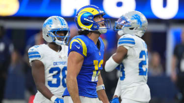 Dec 14, 2025; Inglewood, California, USA; Los Angeles Rams wide receiver Puka Nacua (12) celebrates after a play during the third quarter against the Detroit Lions at SoFi Stadium. Mandatory Credit: Kirby Lee-Imagn Images