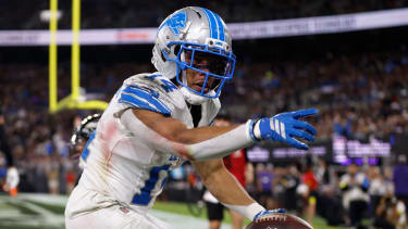 Sep 22, 2025; Baltimore, Maryland, USA; Detroit Lions wide receiver Amon-Ra St. Brown (14) reacts after a touchdown against the Baltimore Ravens during the second half at M&amp;T Bank Stadium. Mandatory Credit: Peter Casey-Imagn Images