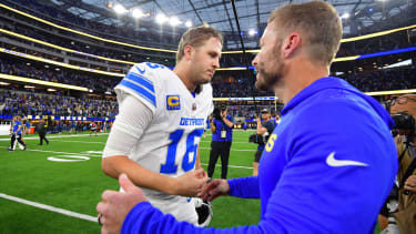Dec 14, 2025; Inglewood, California, USA; Detroit Lions quarterback Jared Goff (16) and Los Angeles Rams head coach Sean McVay greet each other after the game at SoFi Stadium. Mandatory Credit: Gary A. Vasquez-Imagn Images