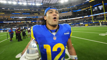 Dec 14, 2025; Inglewood, California, USA; Los Angeles Rams wide receiver Puka Nacua (12) celebrates after defeating the Detroit Lions at SoFi Stadium. Mandatory Credit: Kirby Lee-Imagn Images