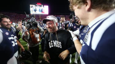 Dec 20, 2025; Oxford, MS, USA; Mississippi Rebels head coach Pete Golden celebrates the victory following a game against the Tulane Green Wave at Vaught-Hemingway Stadium. Mandatory Credit: Petre Thomas-Imagn Images