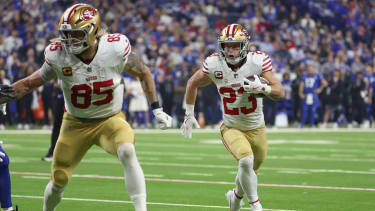 San Francisco 49ers running back Christian McCaffrey (23) carries the ball against the Indianapolis Colts