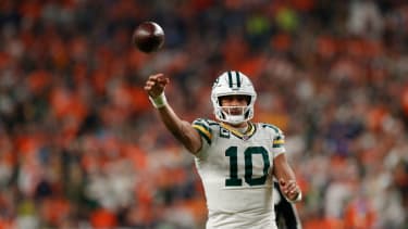 Green Bay Packers quarterback Jordan Love (10) throws downfield during the fourth quarter against the Denver Broncos at Empower Field at Mile High. Mandatory Credit: Isaiah J. Downing-Imagn Images