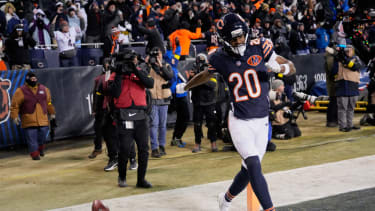 Chicago Bears wide receiver Jahdae Walker (20) celebrates after catching a six-yard touchdown pass