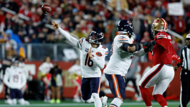 Dec 28, 2025; Santa Clara, California, USA; Chicago Bears quarterback Caleb Williams (18) passes against the San Francisco 49ers in the first half at Levi's Stadium. Mandatory Credit: Sergio Estrada-Imagn Images