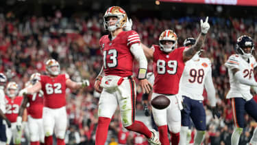 Dec 28, 2025; Santa Clara, California, USA; San Francisco 49ers quarterback Brock Purdy (13) celebrates after scoring a touchdown against the Chicago Bears in the first half at Levi's Stadium. Mandatory Credit: Kyle Terada-Imagn Images