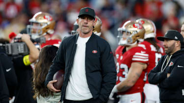 Dec 28, 2025; Santa Clara, California, USA;  San Francisco 49ers head coach Kyle Shanahan looks on before the game against the Chicago Bears at Levi's Stadium. Mandatory Credit: Sergio Estrada-Imagn Images