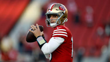 Dec 28, 2025; Santa Clara, California, USA; San Francisco 49ers quarterback Brock Purdy (13) warms up before the game against the Chicago Bears at Levi's Stadium. Mandatory Credit: Sergio Estrada-Imagn Images