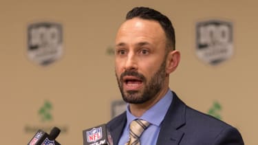 Jon-Eric Sullivan, Green Bay Packers director of college scouting, talks in Green Bay, Wis., Thursday, April 26, 2018, about the team's pick in the first round of the NFL football draft. The Packers picked cornerback Jaire Alexander from Louisville with the 18th pick. (AP Photo/Mike Roemer)