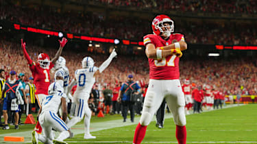 Sep 20, 2026; Kansas City, Missouri, USA; Kansas City Chiefs tight end Travis Kelce (87) celebrates after scoring a touchdown against the Indianapolis Colts during the first quarter at GEHA Field at Arrowhead Stadium. Mandatory Credit: Jay Biggerstaff-Imagn Images TPX IMAGES OF THE DAY